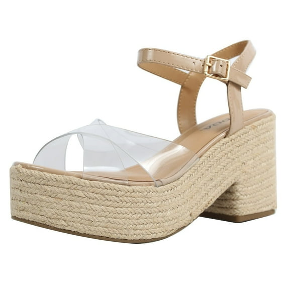 Soda Women's Dalton Lucite Criss Cross Strap Espadrille Platform Wedge Color: Beige, Size: 7.5