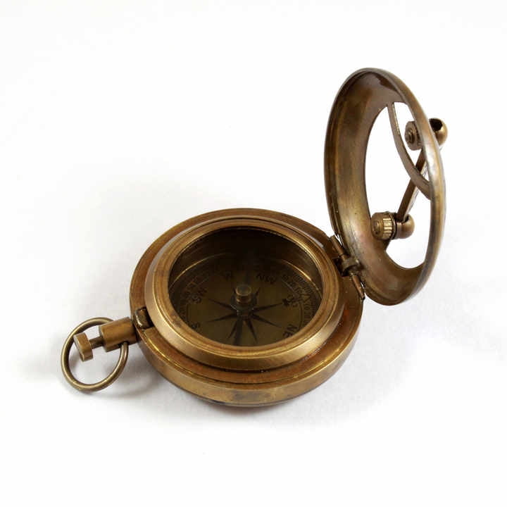 Antique Vintage 2-Inch Push Button Sundial Compass Brass Finish with Leather Case Made from Metal and Alloy