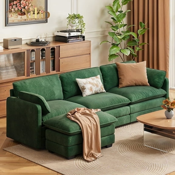 Aiho 110" Cloud Sectional Couch with L-Shape Chaise, Modern Modular Sofa with Deep Seat, Corduroy Fabric Upholstered Couch for Living Room, Apartment and Small Space - Green