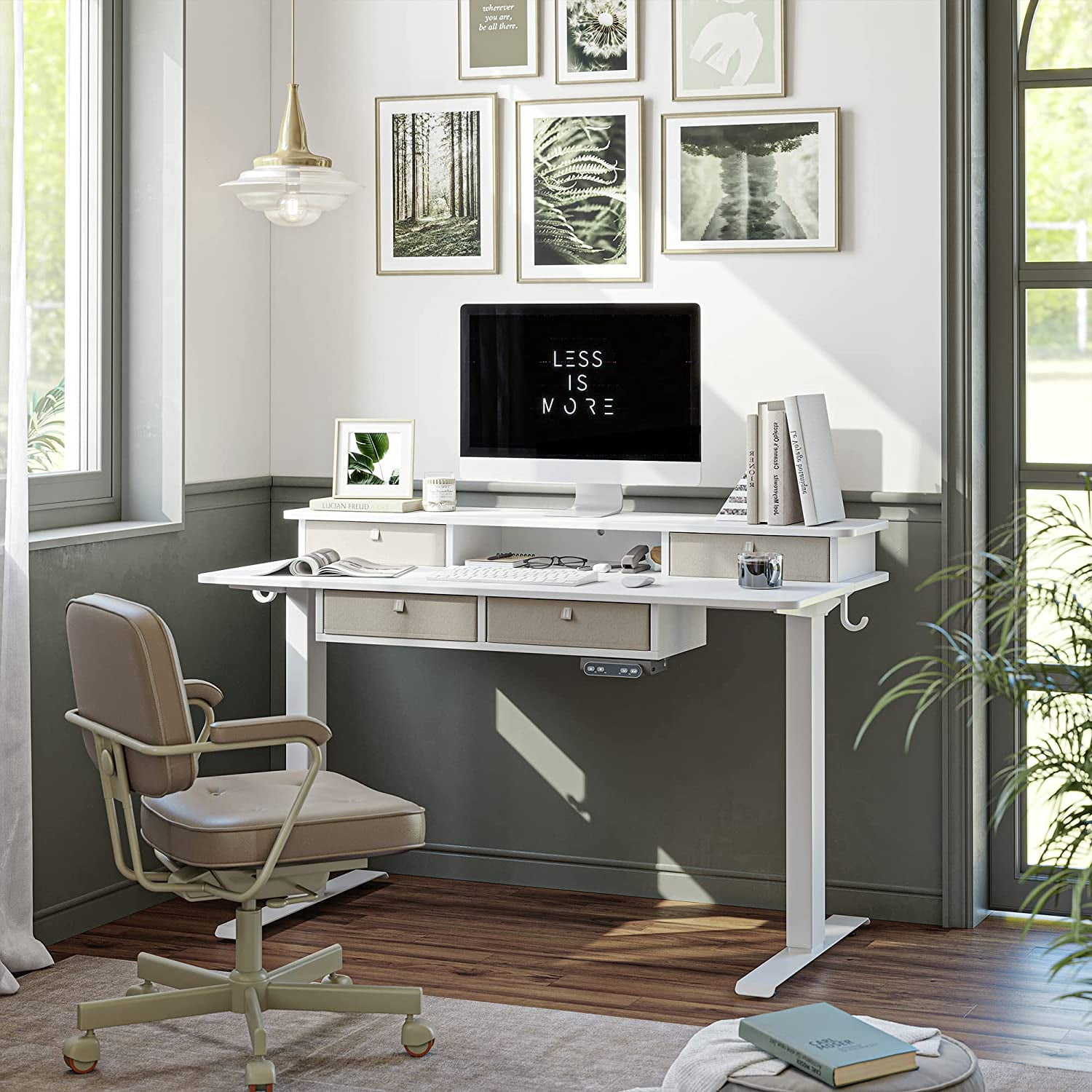 FEZIBO 48 x 24 Inch Height Adjustable Electric Standing Desk with 4 Drawers, Stand Up Table with Storage Shelf, Sit Stand Desk with Splice Board, White Frame/White Top