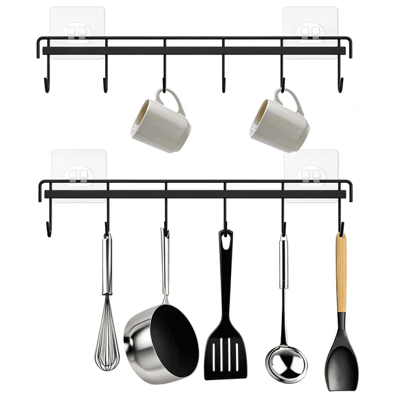 NORIZF Kitchen Utensil Hanger,Adhesive Utensil Holder Wall Mount Kitchen Rack Rail with 12 Hooks,Space Saving&No Drilling,Black,2 Pcs,Sturdy Utensil Holder