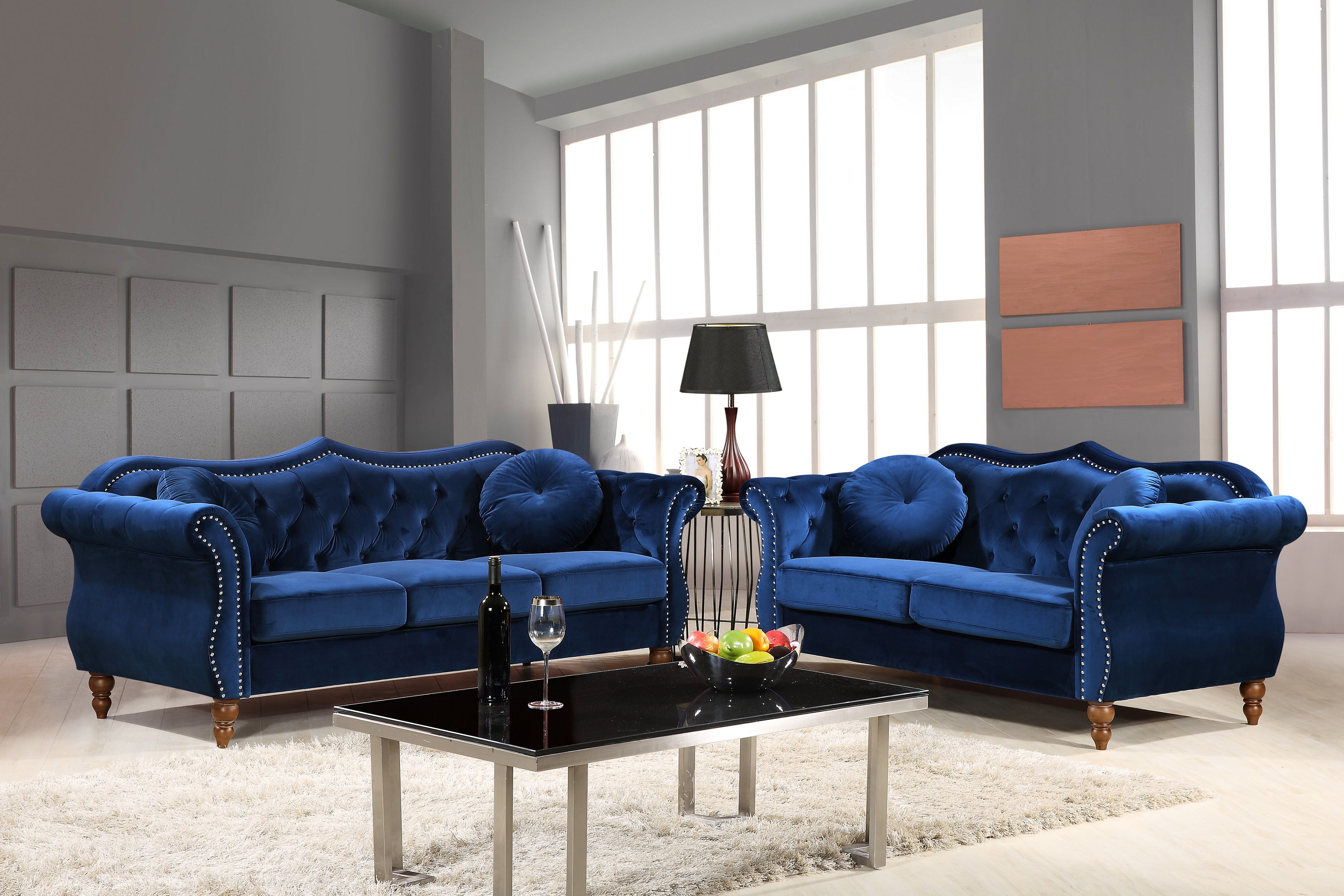 US Pride Furniture Carbon Classic Nail Head Chesterfield 2 Piece Living Room Set Blue Walmartcom Walmartcom