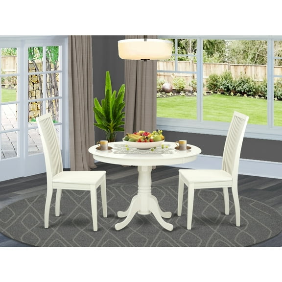 Dinette Set 3 Piece - Round Table & 2 Chairs - Linen White Finish - Home Dining Room Furniture