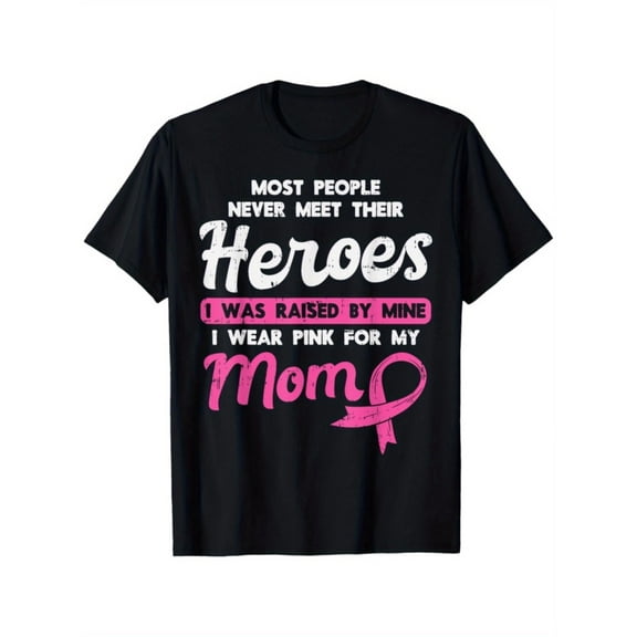 Men's 100% Cotton T-Shirt 180gsm - Raised By My Hero Pink For Mom Breast Cancer Awareness Son T-Shirt, Black Comfortable Breathable Soft Tee, Gift for Men