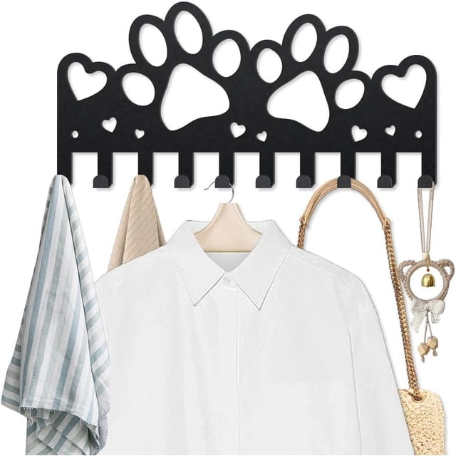 Perchero de pared con diseño de huellas de patas, de 25 x 12 cm, con forma de corazón, de metal, con 10 ganchos para colgar llaves, color negro.