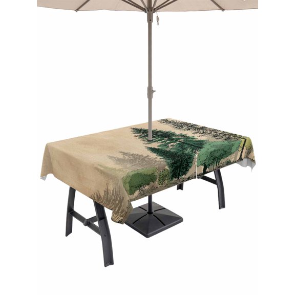 Outdoor Tablecloth with Umbrella Hole for Patio/Picnic/Party/Camping, Green Pine Tree Waterproof Table Cloth Rectangle Table Cover Washable, Retro Country Forest Natural Landscape (60"x 120")