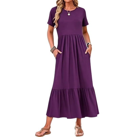 TARAINYA Womens Summer Dresses Short Sleeve Maxi Dress Crewneck Casual Sundresses with Pockets