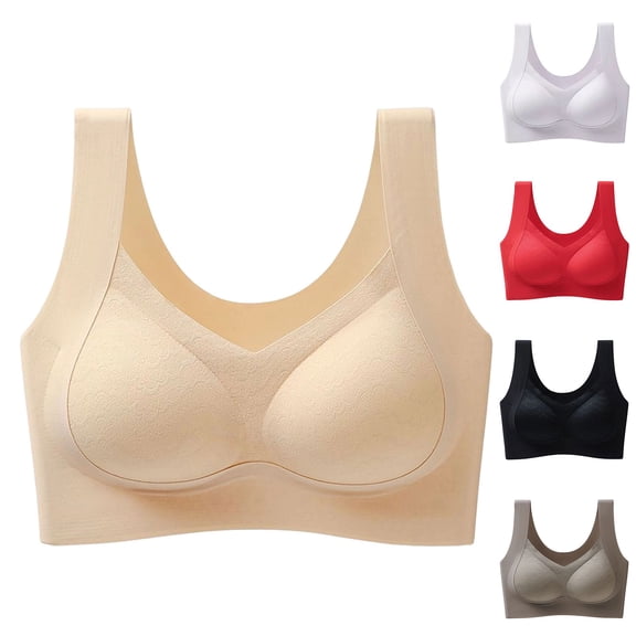 Pullover Wireless Bras for Women, Full Coverage Scoop Neck Underwear, Wide Shoulder Straps Design, Breathable Comfort Bralette | VerBelle,Beige L