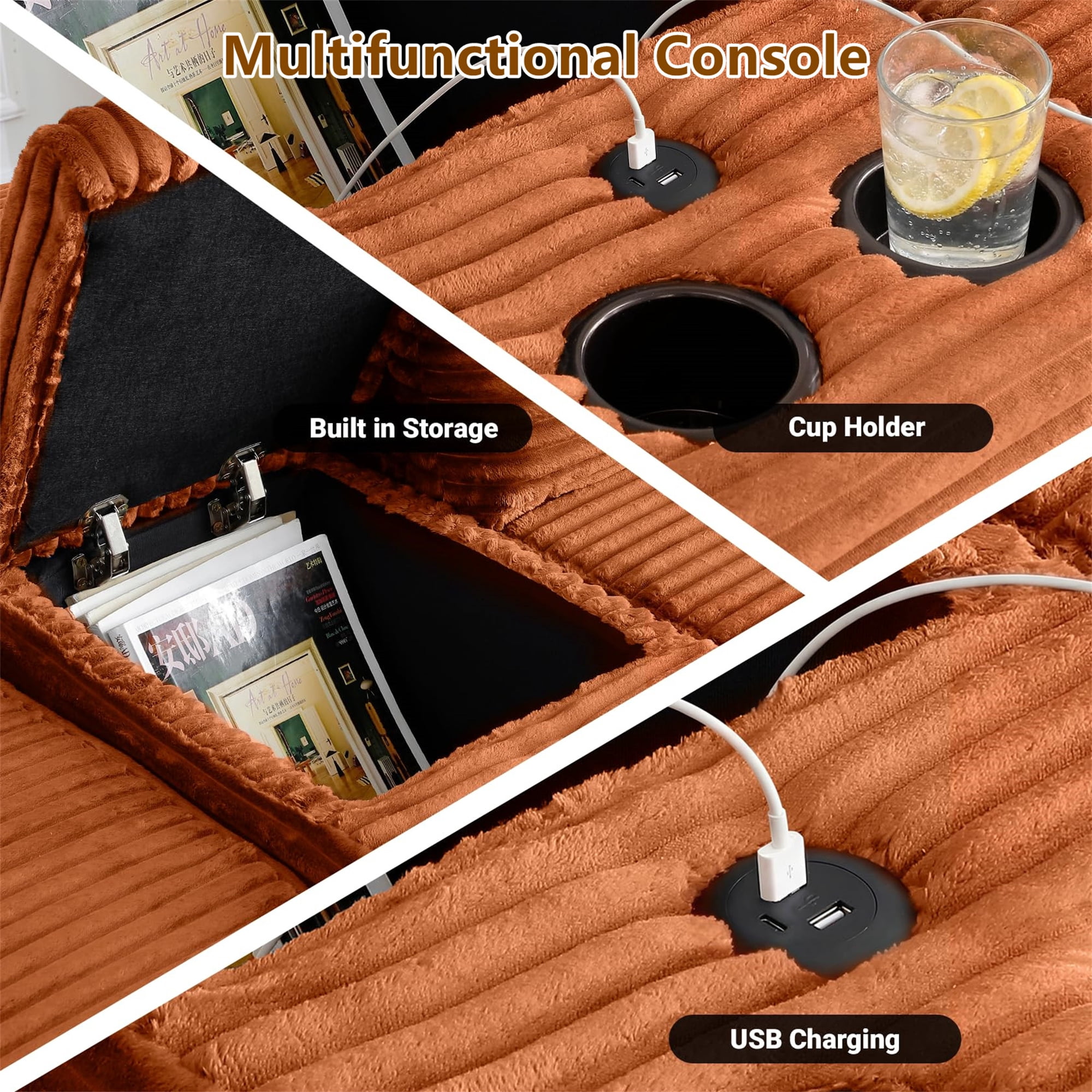 Aukfa 111" Cloud Sectional Sofa Deep Seat Boneless Couch with USB&Cupholdes Storage Console, Modular L-Shaped Couch for Living Room, Corduroy, Orange