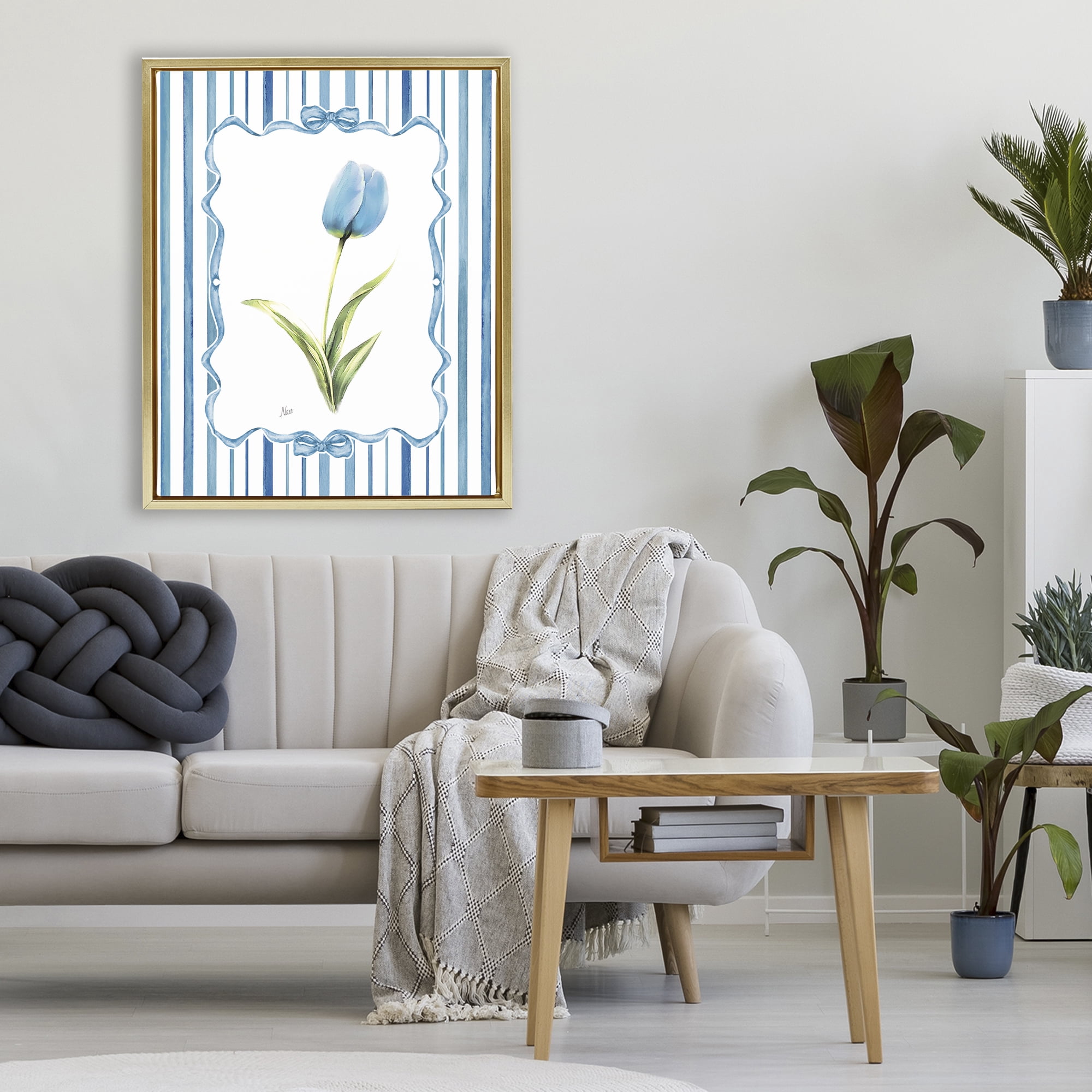 Stupell Industries Blue Tulip & Ribbon Border Gold Framed Floater Canvas Wall Art, design by Nan