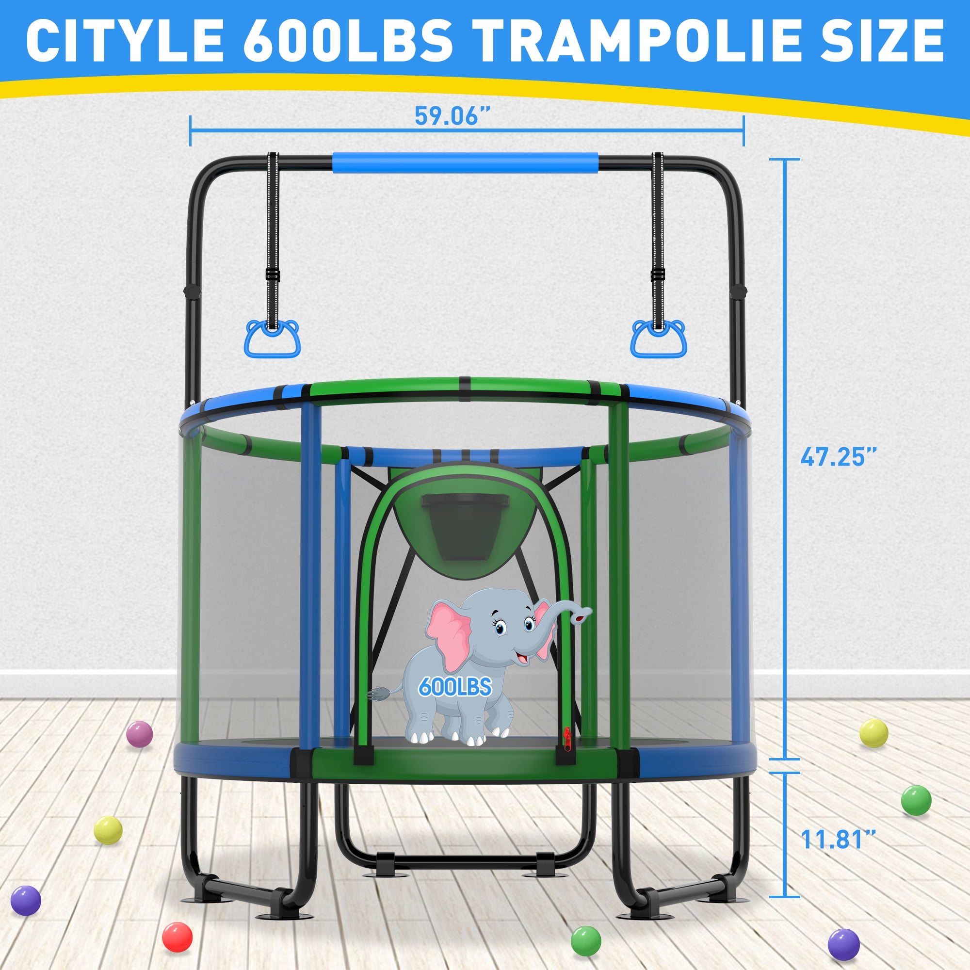 CITYLE Trampoline for Kids 600LBS 60'' 5FT Toddler Trampoline Indoor Outdoor with Basketball Hoop, Swing, Adjustable Bar, Mini Small Trampoline with Enclosure, Gifts for Toddlers, Boys & Girls