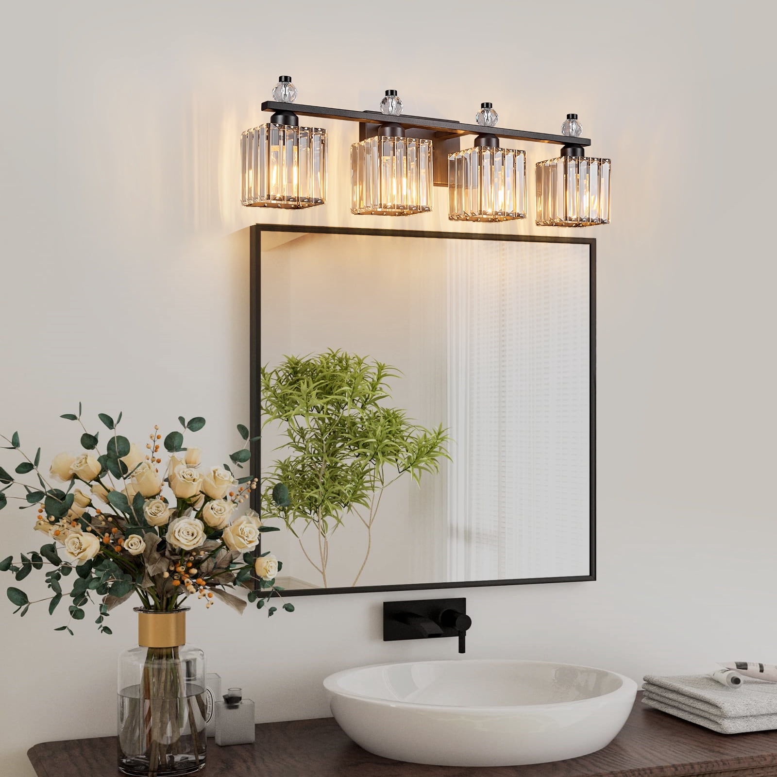 LMQNINE 4-Light Crystal Bathroom Vanity Light Over Mirror,28.34"L Modern Sand Black Fixture, Dimmable and Moisture-Resistant
