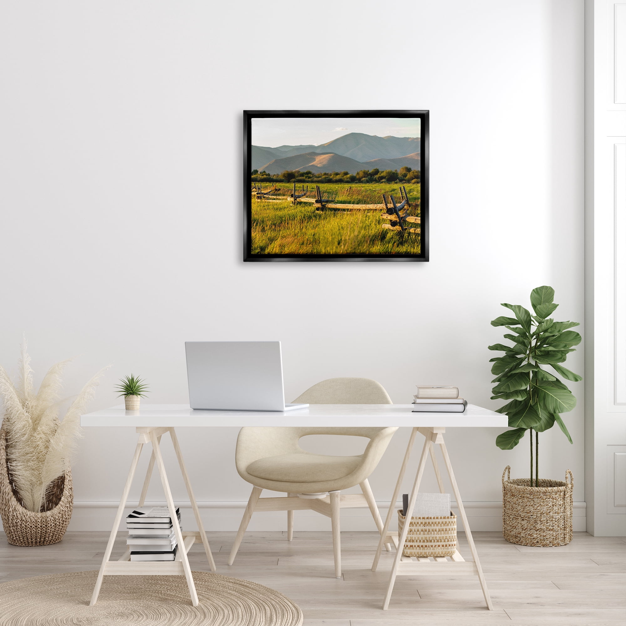 Stupell Industries Grassland Farm Fence Countryside Sunny Mountain Scene Photograph Jet Black Floating Framed Canvas Print Wall Art, Design by Steve Smith