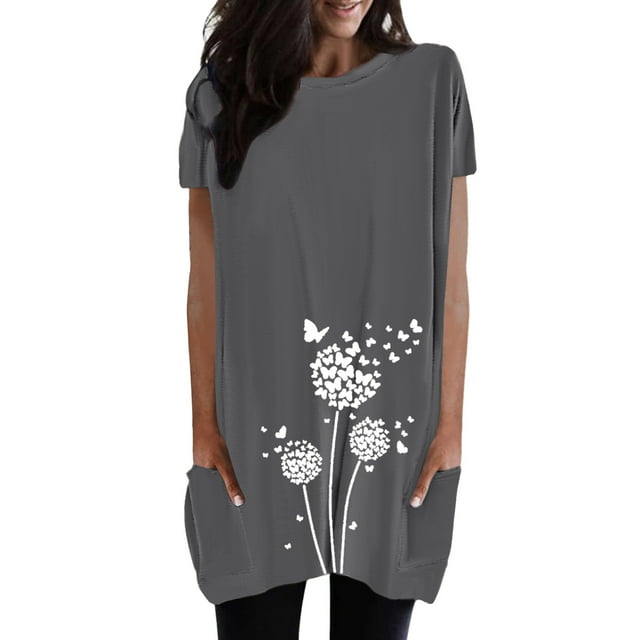 WEIYLL T-Shirts pour Femmes Col Rond avec Poche Imprimé Pissenlit Long Gris Foncé Tailles L