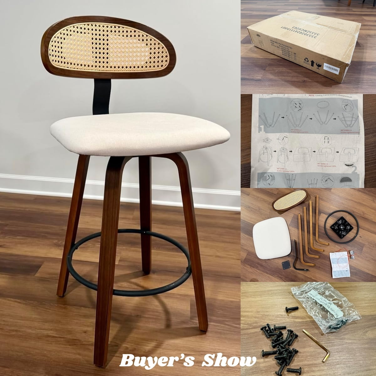 360° Swivel Rattan Bar Stools Set of 2, Counter Height Modern Kitchen Island Stools With Footrest, Uphostered Cushion, Comfortable Durable, White