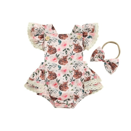 

Blotona Toddler Baby Girl 2Pcs Easter Outfits Fly Sleeve Square Neck Ruffle Romper Dress with Bow Headband Set