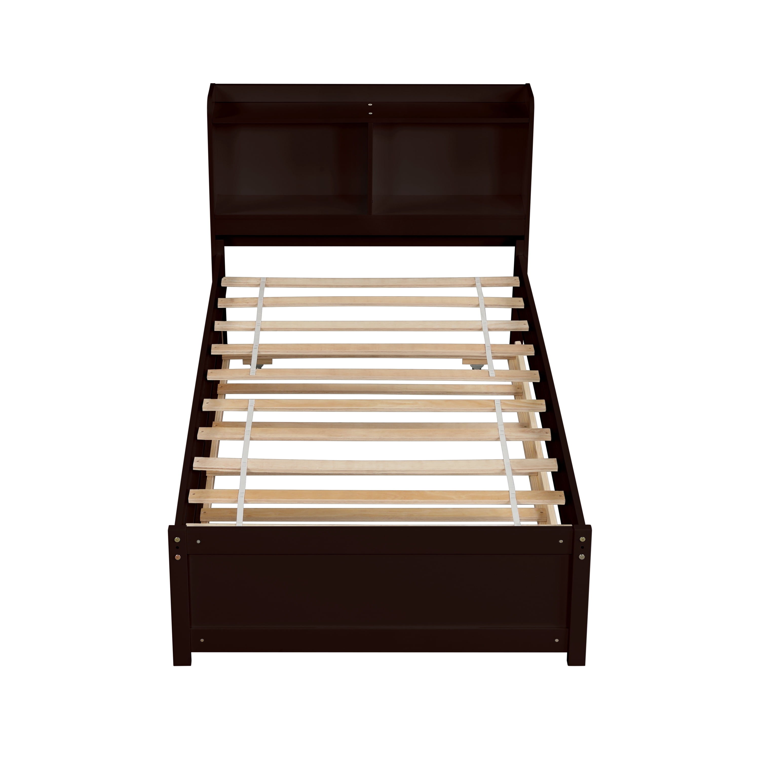Miniyam Twin Size Bed with Trundle & Bookcase Headboard for Kids,Espresso