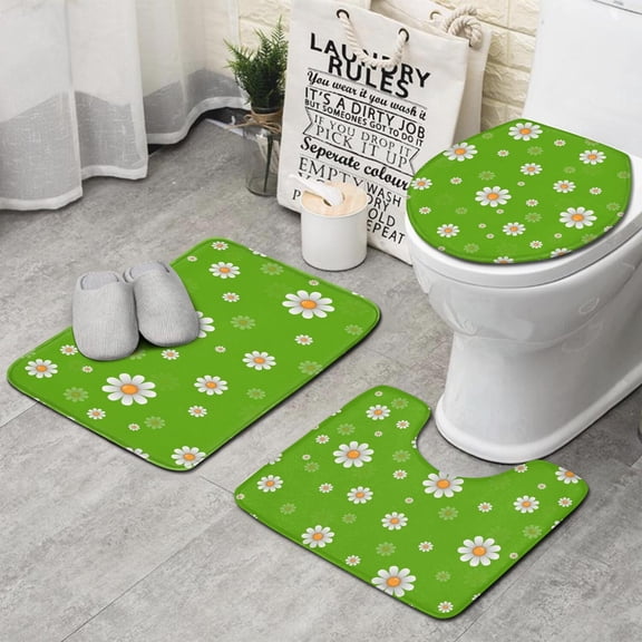 Green Daisy Flower Orange Centers Pattern Bathroom Rugs Sets 3 Piece,Toilet Cover Set,Absorbent Non Slip Bathroom Mats Sets with U-Shaped Contour Rug Toilet Rug Set