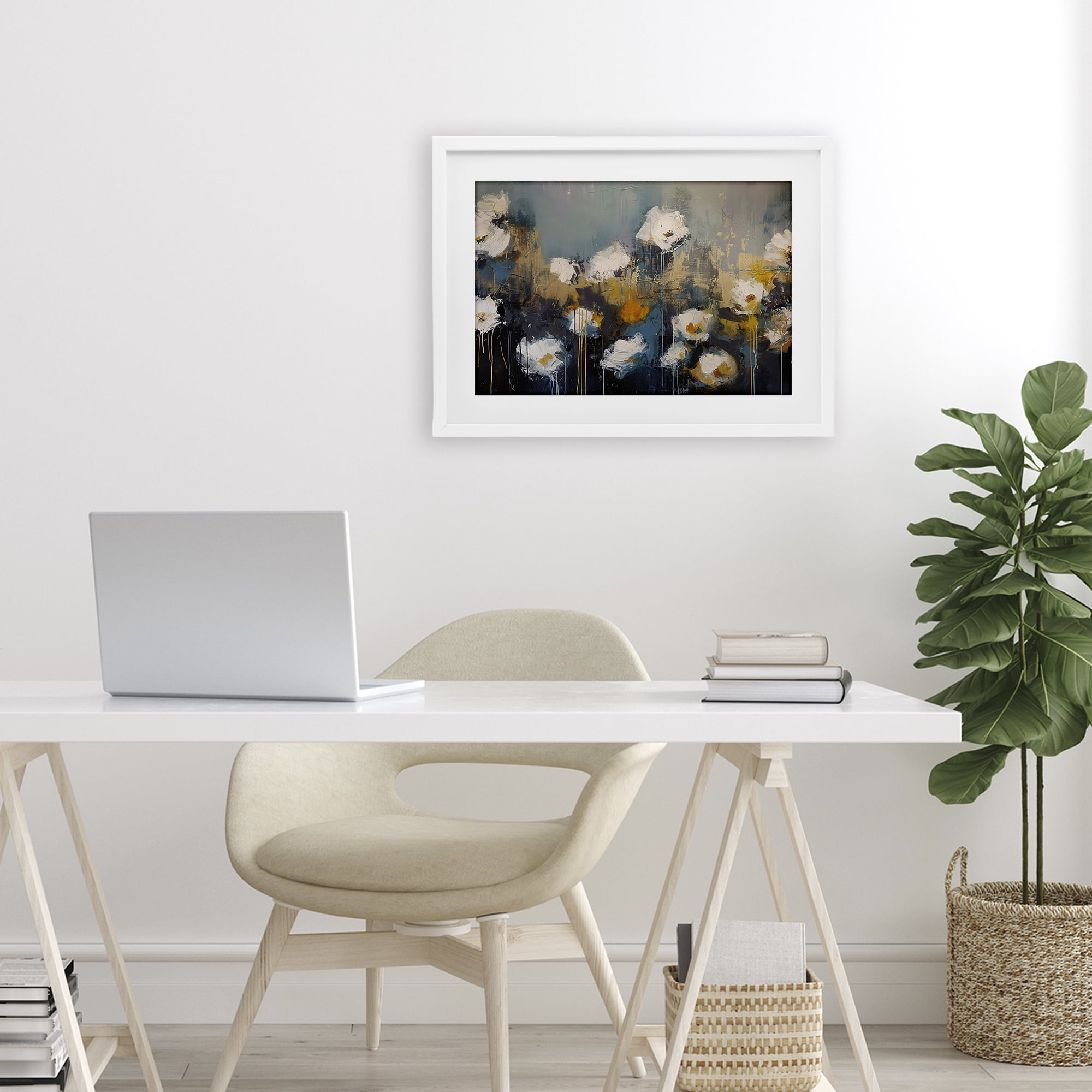 Stupell Industries Contemporary Paint Drip Blossoms White Framed Print Under Glass, design by Jacky Ngan