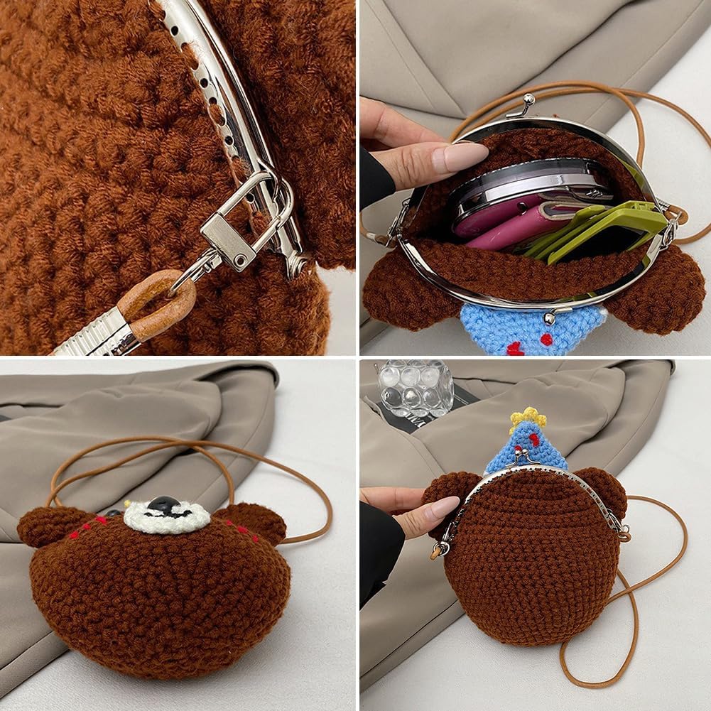 Baguery Handmade Crochet Party Hat Bear Crossbody Bag - Cute Knitted Animal Purse with Metal Frame, Mini Shoulder Bag for Women