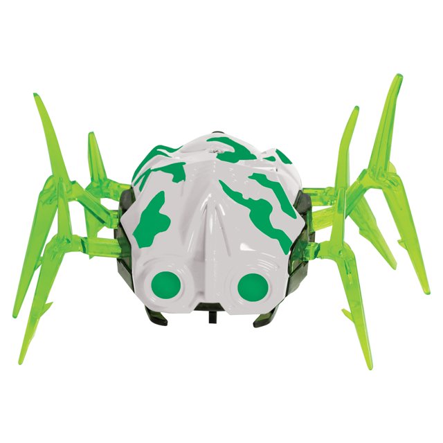 Kidzlane Laser Spider Target, a robotic bug designed for laser tag games, featuring a white body with green camouflage patterns and translucent green legs. The spider flips over when hit and includes a rechargeable battery for extended play. Suitable for ages 8 and up. Laser guns sold separately.