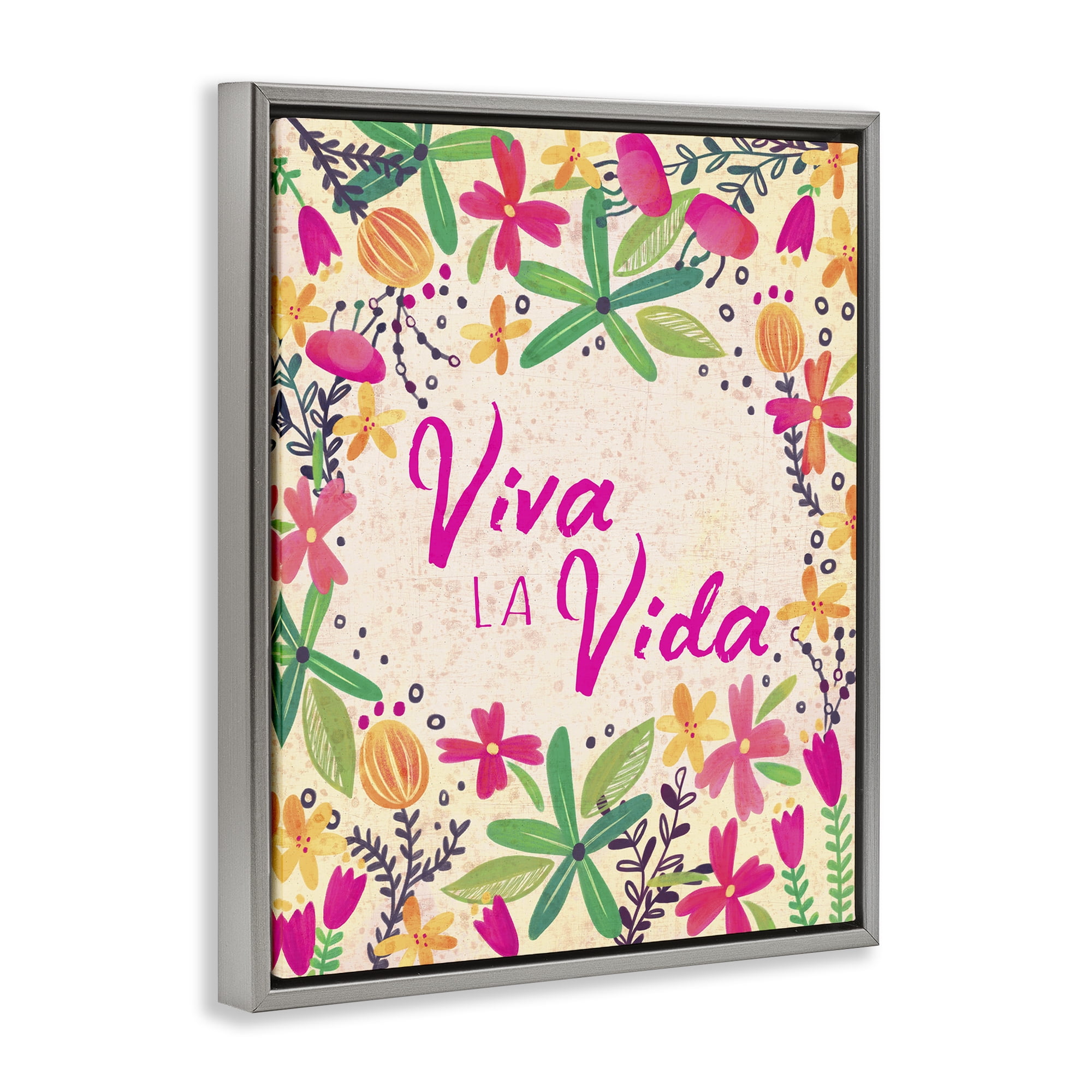 Stupell Industries Viva la Vida Flores Tropicales Inspirational Quotes & Sayings Painting Gray Floater Framed Art Print Wall Art, 17 x 21
