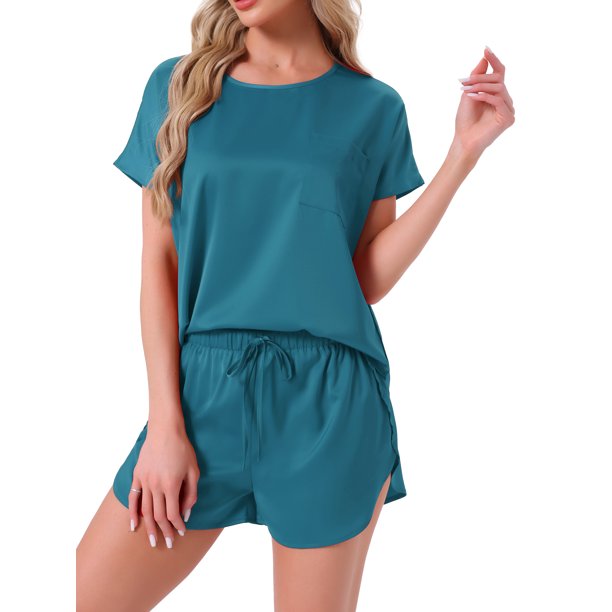 INSPIRAR CHIC Conjunto de Pijamas de Satén de Seda para Mujeres, Top de Cuello Redondo con Manga Corta y Bolsillo Frontal, y Pantalones Cortos con Cuerda para Dormir L Verde Pavo Real