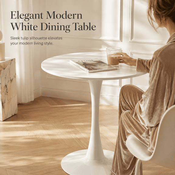 24β White Round Dining Table, Tulip Pedestal Kitchen Table for Small Spaces