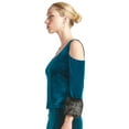 thumbnail image 3 of Mia Top - Women's Velvet 3/4 sleeve top with cut-out shoulders & contrast faux fur cuffs, 3 of 6