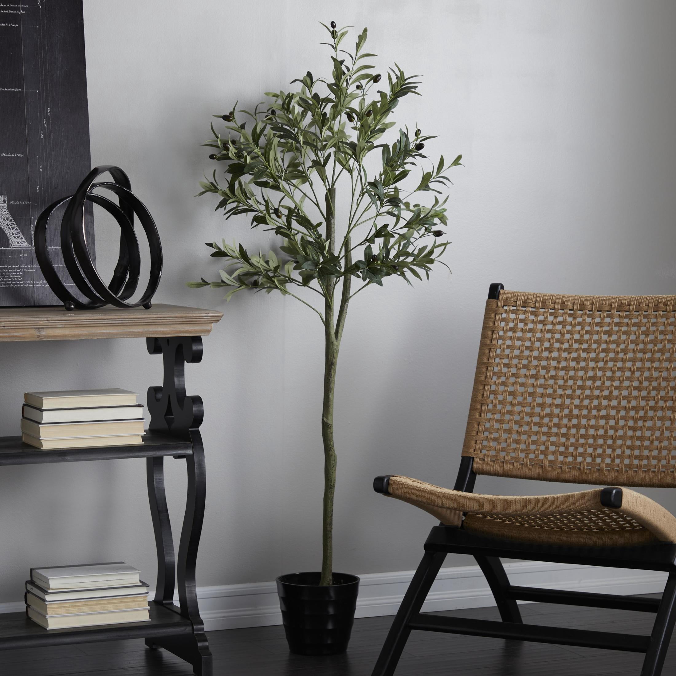 DecMode 59" Artificial Olive Tree in Realistic Leaves and Black Melamine Pot