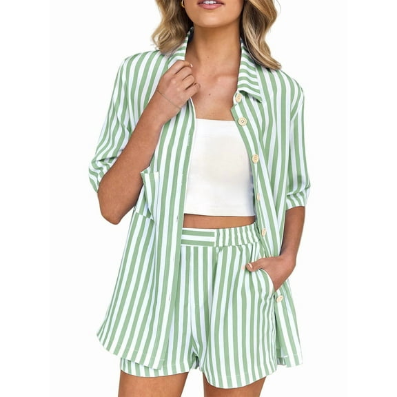 Two Piece Outfits for Women 2025 Striped Shirt & Shorts Set Bean Green XL