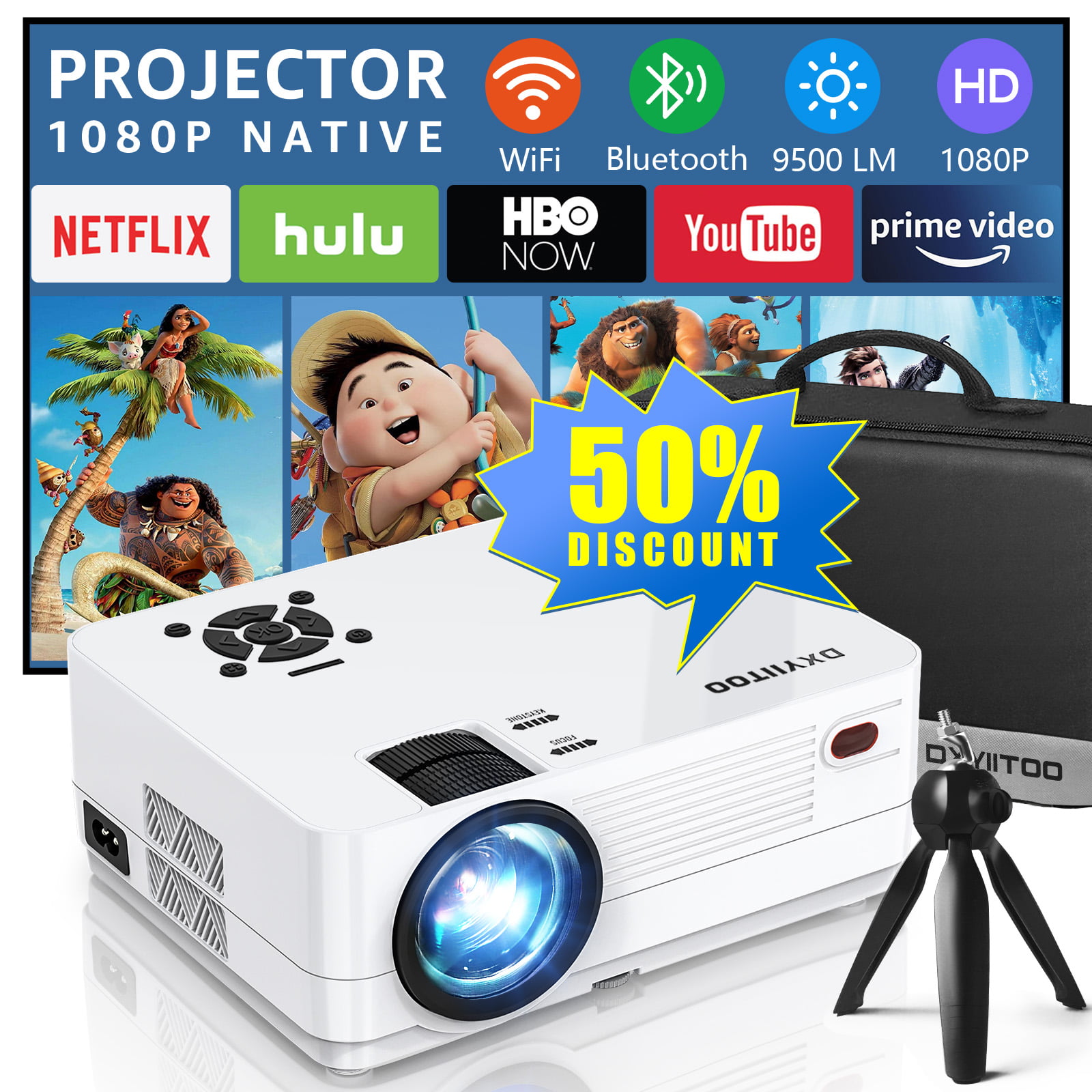 Dxyiitoo Native 1080P HD Projector with WiFi and Bluetooth, Movie Projector  for Outdoor Movies, LCD Technology 300