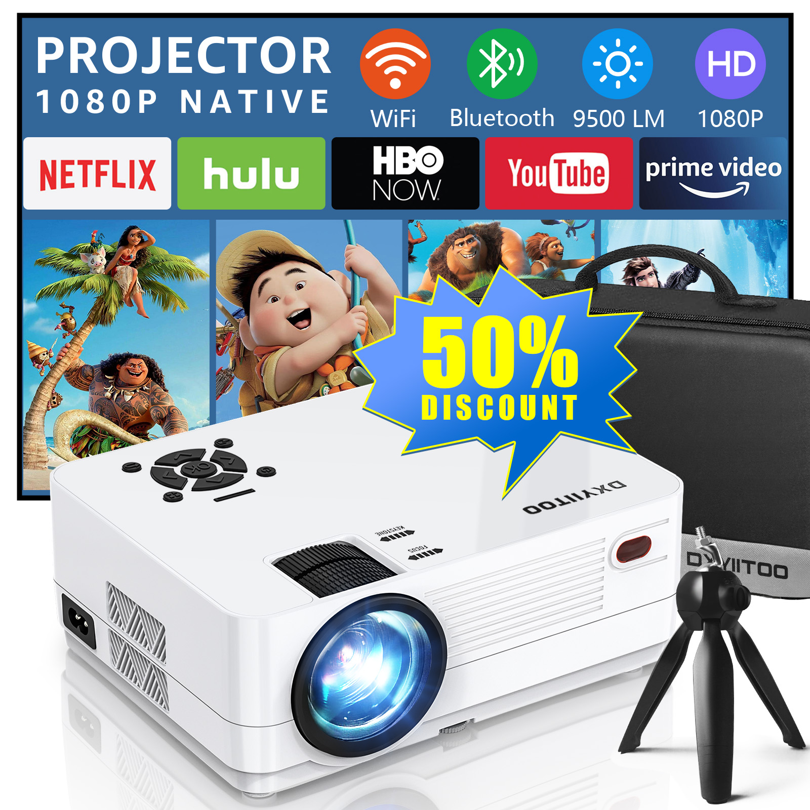 Dxyiitoo Native 1080P HD Projector With WiFi And Bluetooth Movie 
