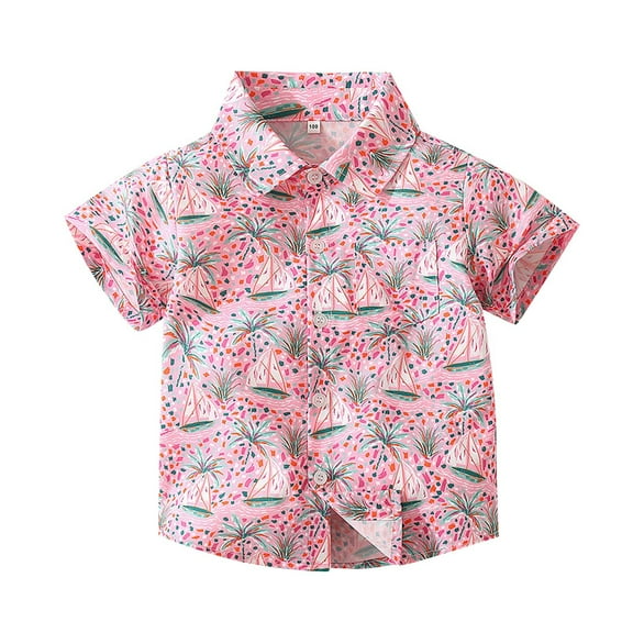 Generic Boys Summer Clothes Shirt Pink Lapel Shirt Beach Wind Coconut Short Sleeved Everything Shirt Casual Outdoor Seaside
