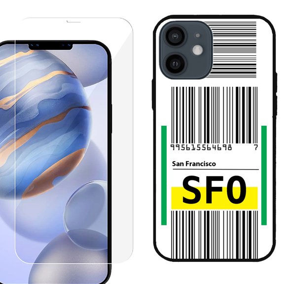 Slim-Fit Protective Phone Case (Black) compatible with iPhone 12 / iPhone 12 Pro, with Tempered Glass Screen Protector, by OneToughShield ® - Airport Tag / San Francisco