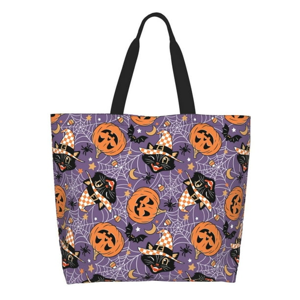 Balery Vintage Halloween Black Cat Bolsa Tote Estilo Estético con Cremalleras, Bolsa de Hombro, Bolsa de Compras Grande y Plegable