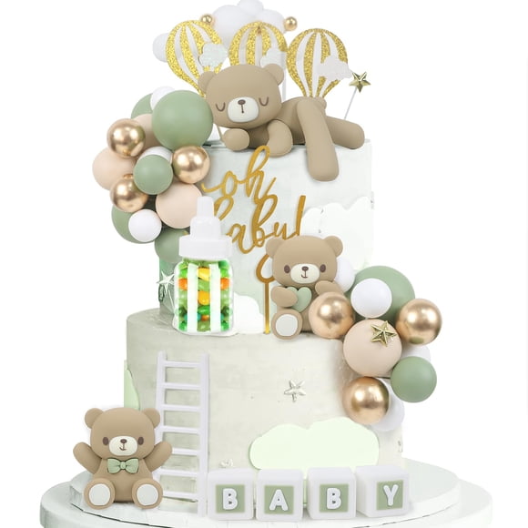 Acmee - Juego de 44 adornos para tartas de oso verde, mini oso 3D para bebé, con letras de leche, esferas de espuma doradas, para decoración de tartas de niño y ni&