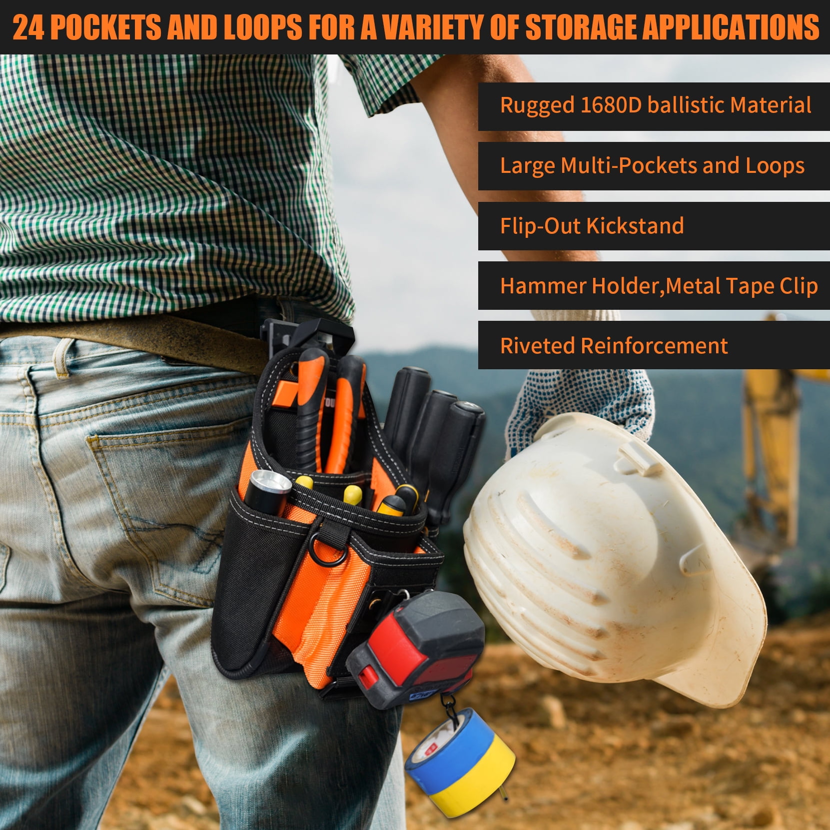 MELOTOUGH Small Electrician Tool Pouch With Belt Clip Attachment - 9 Pockets Tradesman Bag With Tape Thong - Holster for Electricians