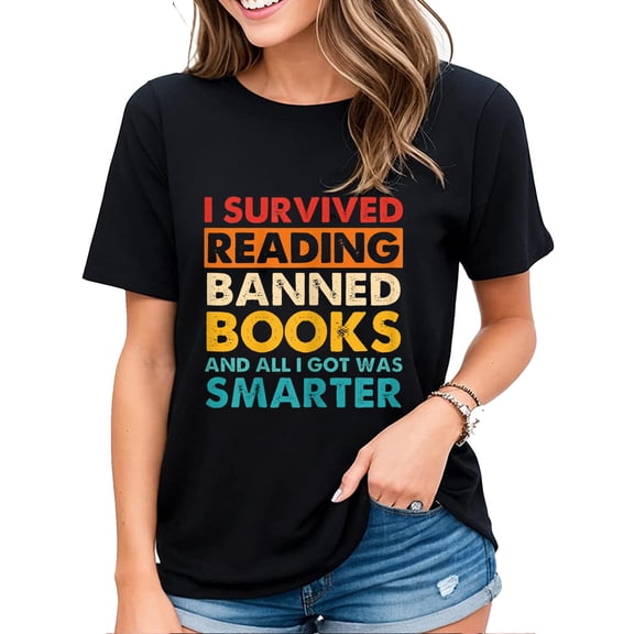 Women's Tshirt I Survived Reading Banned Books And All I Got Was Smarter Casual Short Sleeve Tops Black 2X-Large