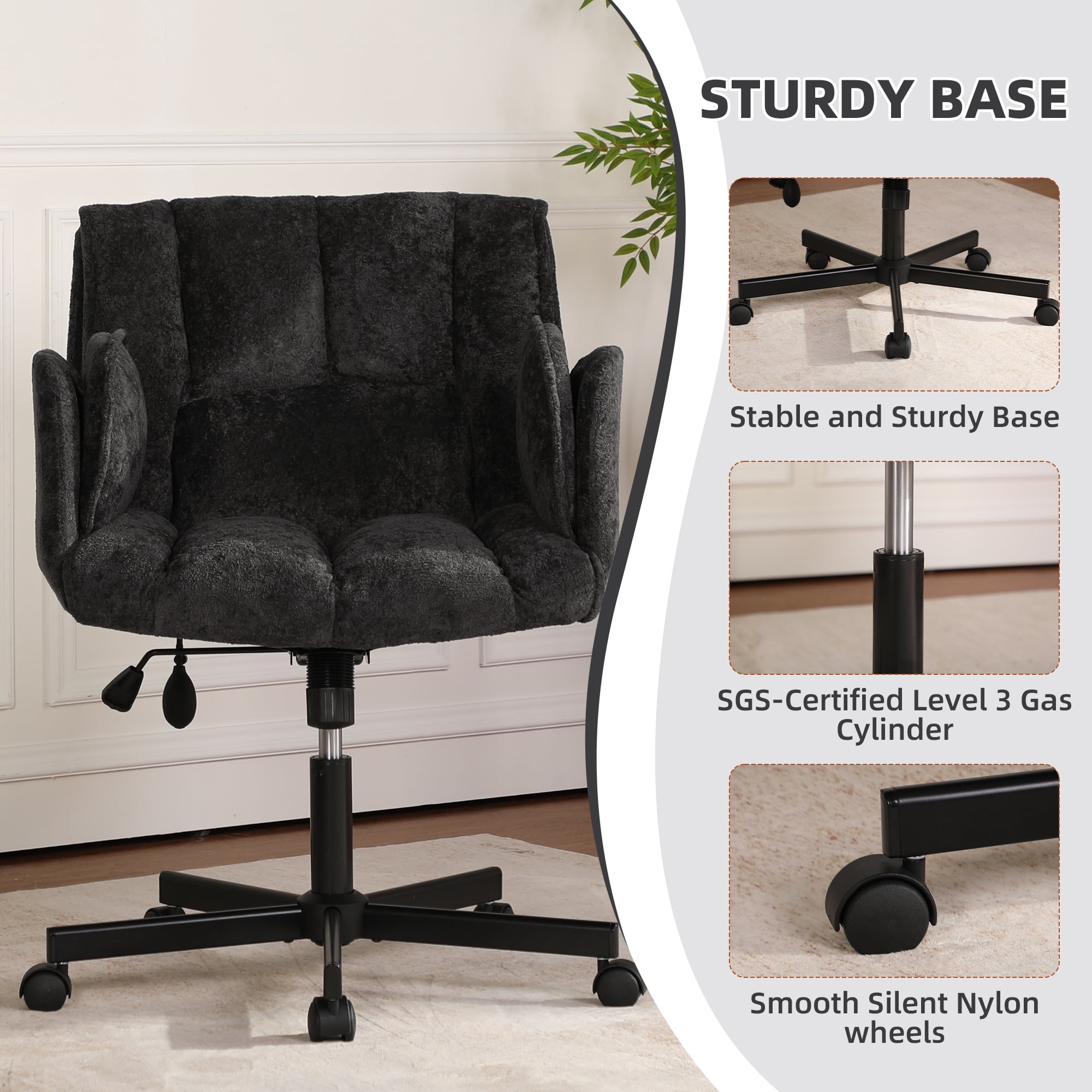 Cross Legged Office Chair with Wheels & Dynamic Airbag Lumbar Support, Criss Cross Wide Seat, 5-Position Fold-Down Armrests, Swivel Vanity Chair for Home Office, Black