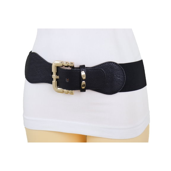 Women Black Elastic Fashion Belt Gold Metal Square Buckle S M