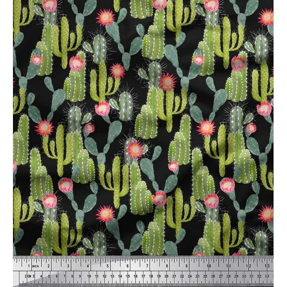 Soimoi Black Cotton Duck Fabric Flower & Cactus Tree Print Fabric by The Yard 42 Inch Wide