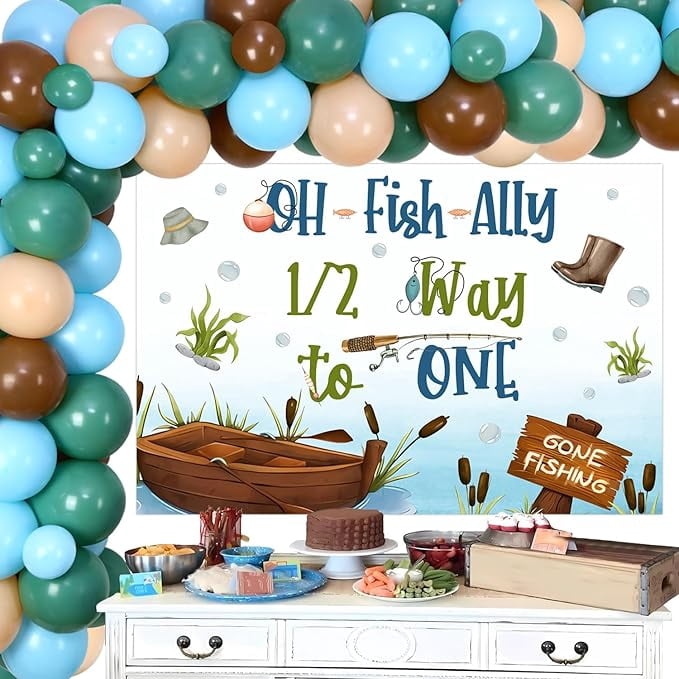 Ofishally 1/2 Way to One Backdrop Fishing Half Birthday Party Decorations Balloon Garland Arch Kit Little Fisherman Half Way to One Bday Decor for Boy Gone Fishing Half Birthday Lakeside Party