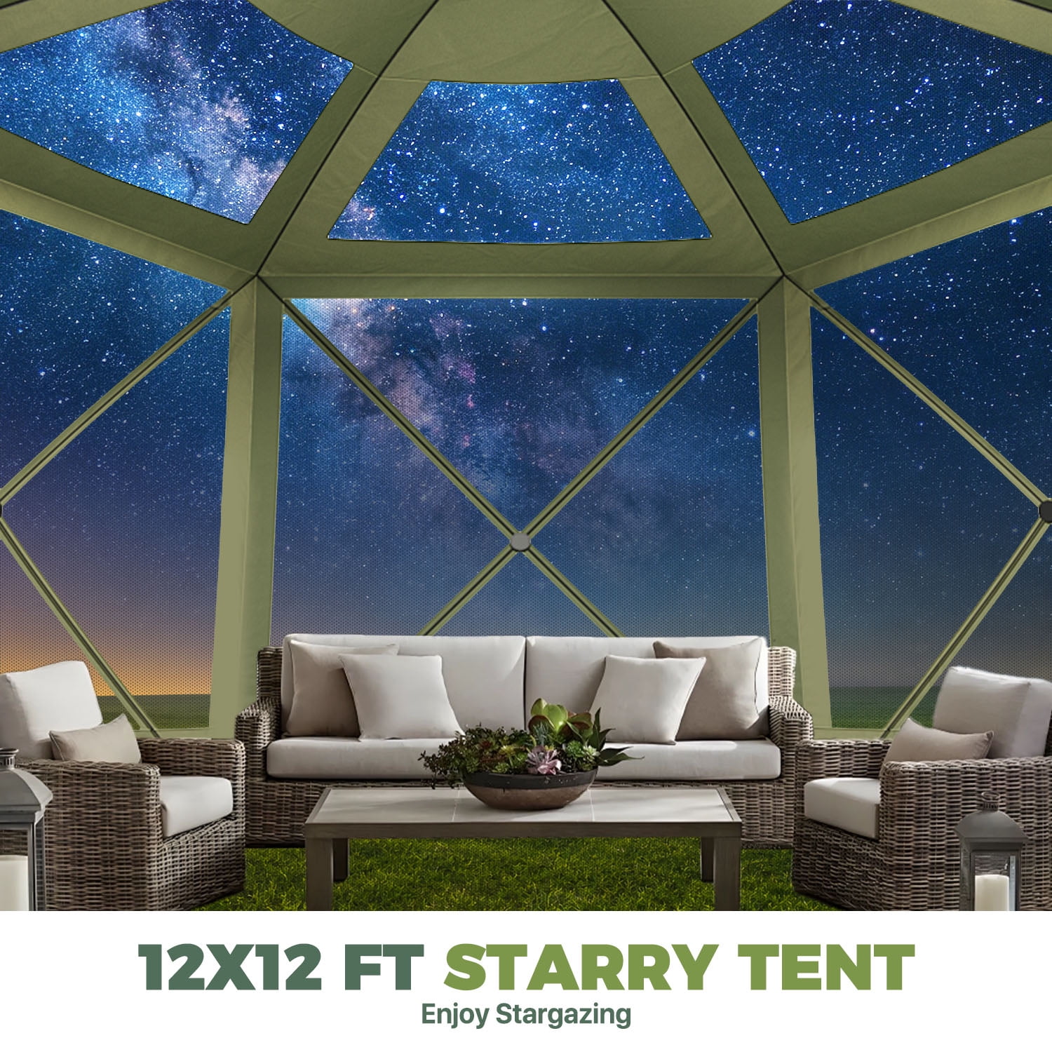 BaPiPro 12x12 FT Pop Up Gazebo with Removable Top for Stargazing, Outdoor Screen House with Sidewalls & Netting, Waterproof Canopy Tent for Patio, Backyard, Camping, Green