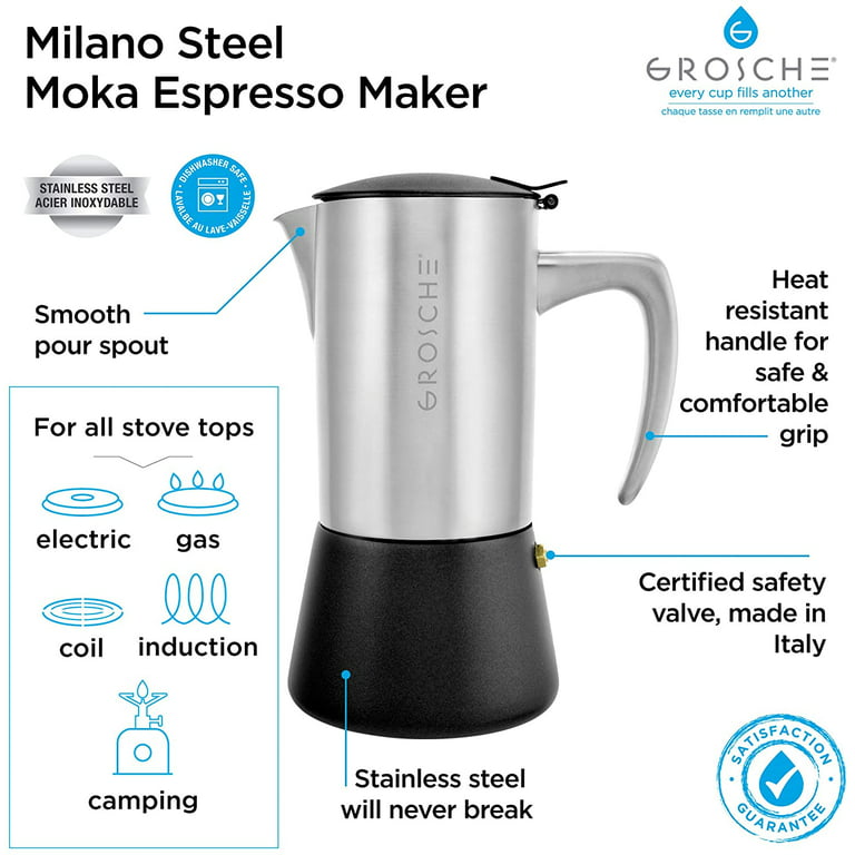 Grosche Milano Steel 10 Espresso Cup Brushed Stainless Steel Stovetop Espresso Maker Moka Pot
