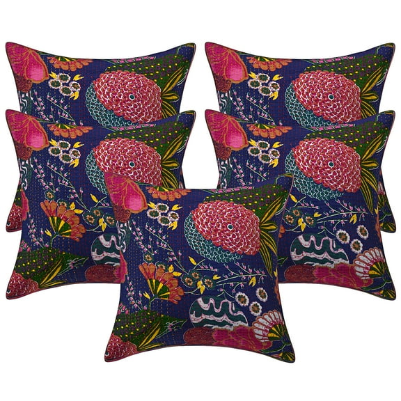 Stylo Culture Ethnic Sofa Throw Pillow Covers 16x16 Kantha Ink Blue Printed 40x40 cm Living Room Toss Pillow Case Cotton Tropicana Square Cushion Covers | Set Of 5