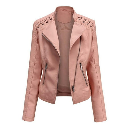 

JDEFEG Jan Jacket Women Ladies Lapel Motor Jacket Coat Zip Biker Short Punk Cropped Tops Maternity Night Shirt Winter Coats for Women Pu Pink Xxxl