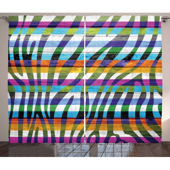 Zebra Print Decor Curtains 2 Panels Set, Art Colored Zebra Print On Wood Planks Decorative Artistic Design Illustration, Living Room Bedroom Accessories, By Ambesonne