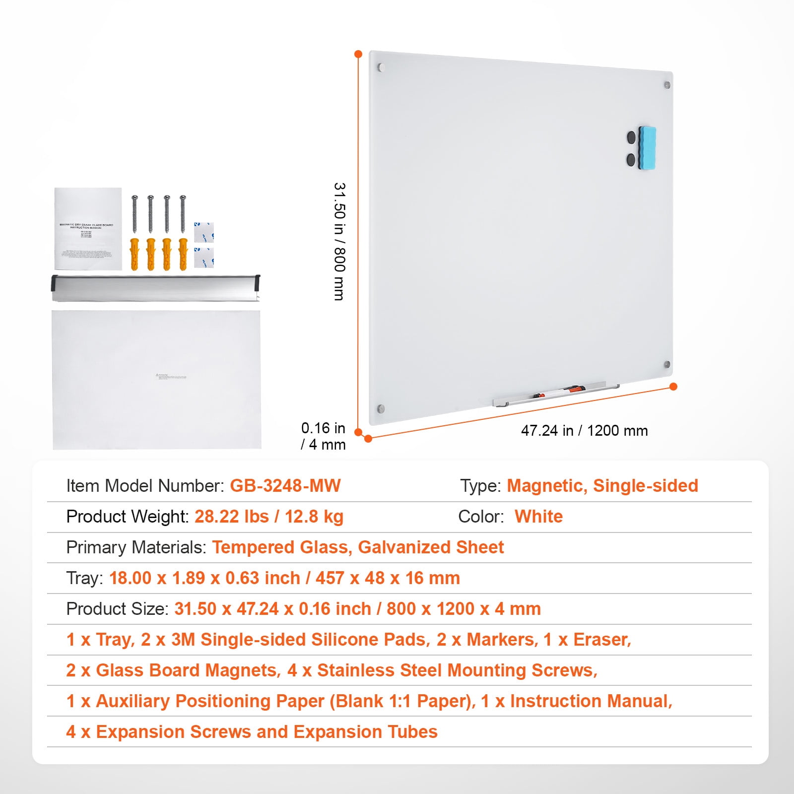 KFFKFF Glass Whiteboard with Magnetic Properties, 48"x32" Dry Erase Board, Frameless Large White Glassboard for Wall Mounting, Comes with a Tray for Markers, a Whiteboard Eraser and a Pair of Markers