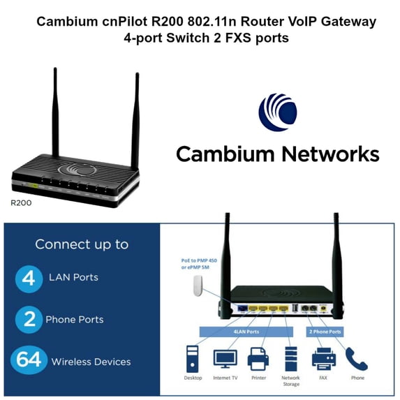 Cambium cnPilot R200 802.11n Router VoIP Gateway 4-port Switch 2 FXS ports